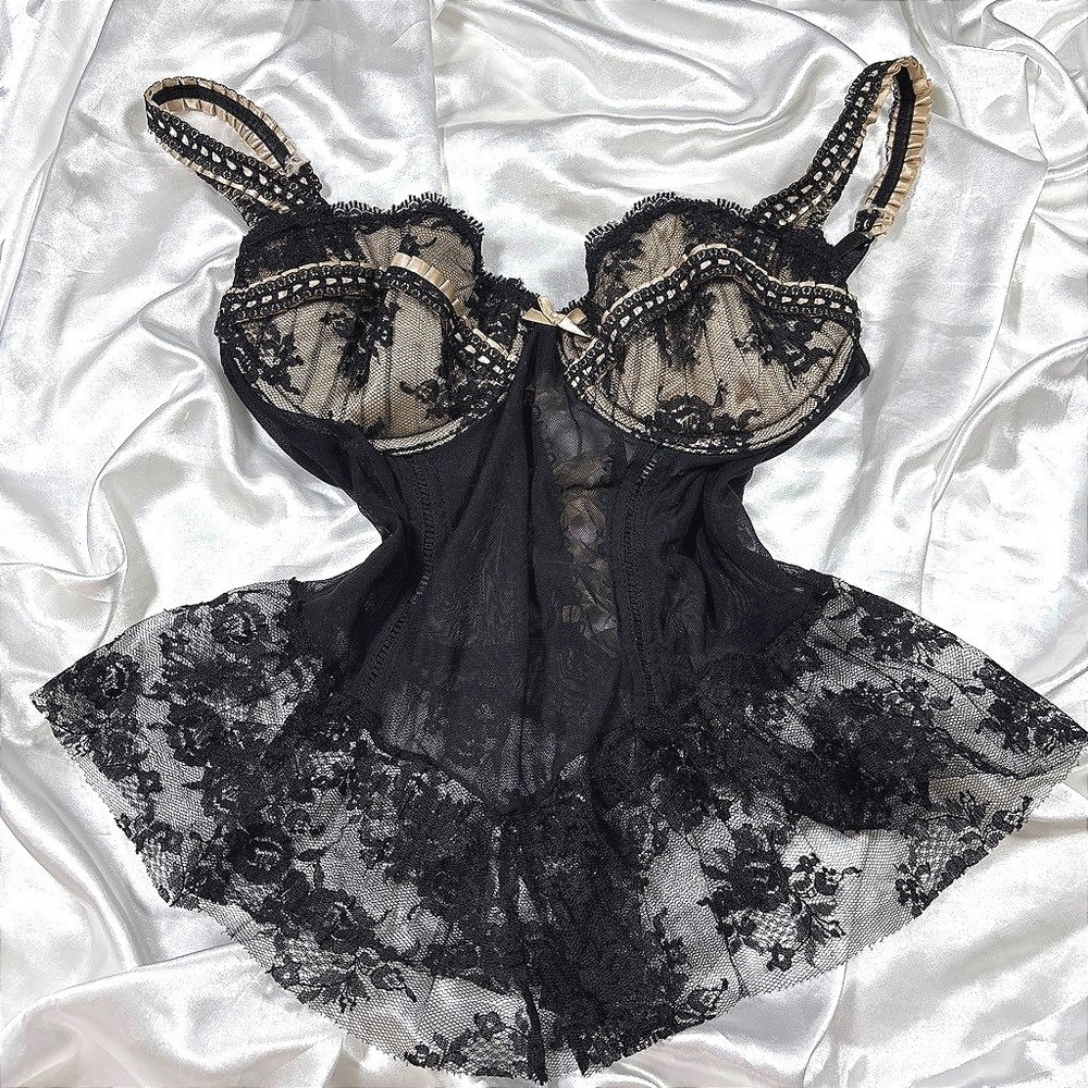 y2k Delicates Lace Babydoll Chemise Black New Underwire Corset Back 36B